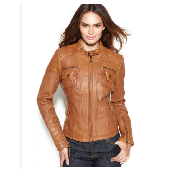 Michael Kors: Michael Leather Buckle-Collar Motorcycle Jacket in Dark Grey - Picture 1 of 11